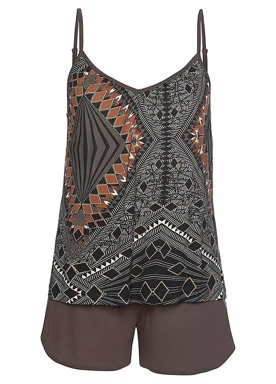 LASCANA Ethnic Print Cami & Plain Shorts Pyjamas 2 LASCANA Ethnic Print Cami & Plain Shorts Pyjamas - Image 2